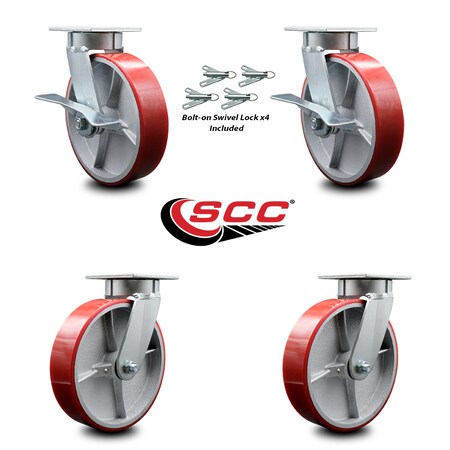 Service Caster 8 Inch Kingpinless Red Poly on Steel Wheel Caster Swivel Locks 2 Brakes, 4PK SCC-KP30S820-PUR-RS-SLB-BSL-2-BSL-2